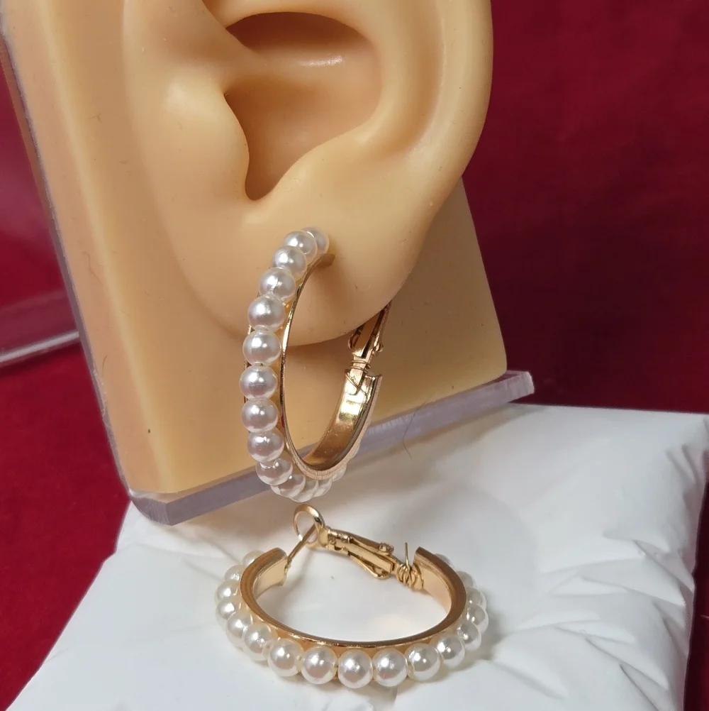 Gold Pearl Hoop Earrings Faux Pearl Trim Hinged Hoops Elegant Quiet Luxury Chic
